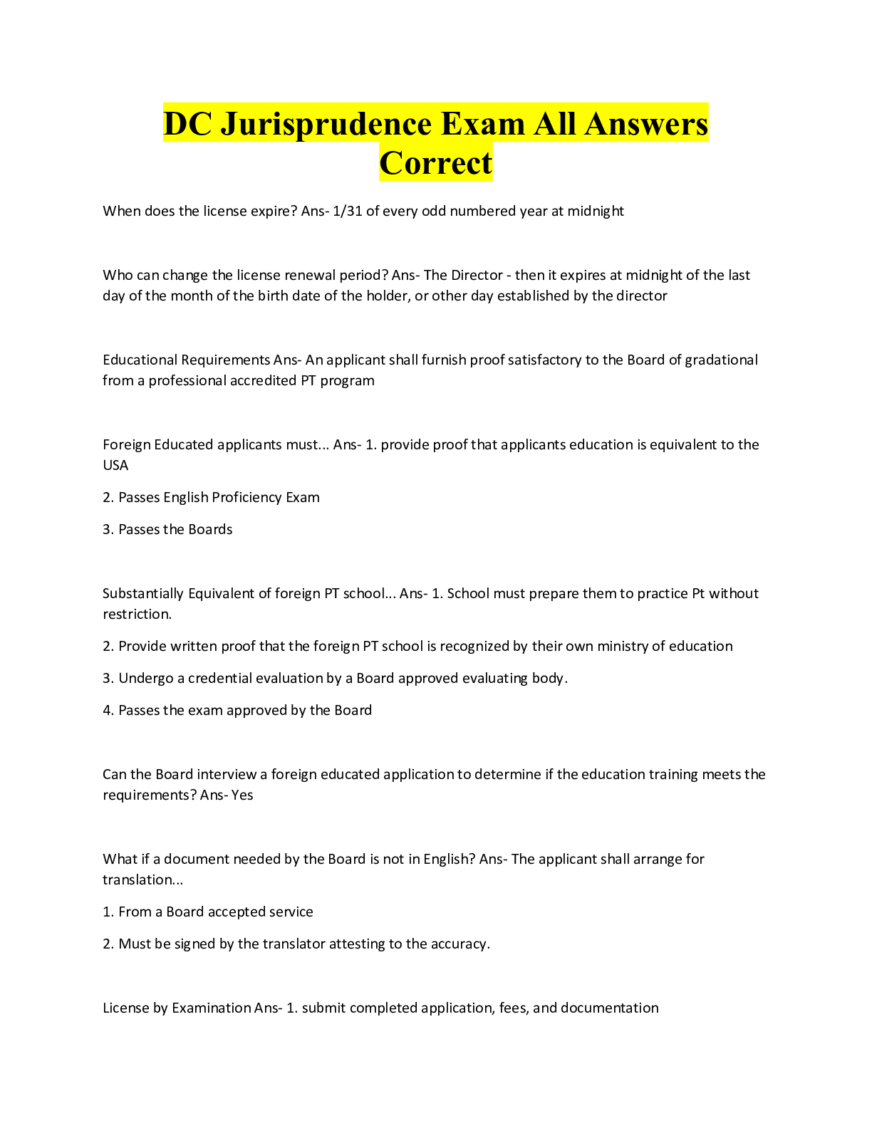 Preview image for DC Jurisprudence Exam All Answers  Correct